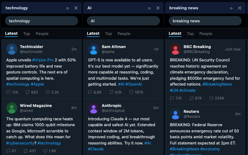 X Deck showing three keyword columns: technology, AI, and breaking news